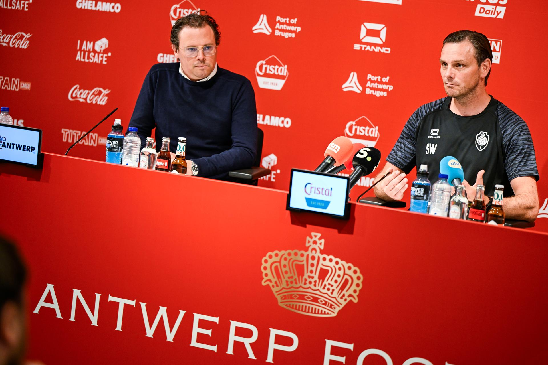 Antwerp's general manager Sven Jaecques and Antwerp's head coach Stef Wils pictured during a press conference of Belgian soccer team Royal Antwerp FC, Wednesday 25 June 2025 in Antwerp, in preparation of the upcoming 2025-2026 Belgian first division soccer season. BELGA PHOTO TOM GOYVAERTS