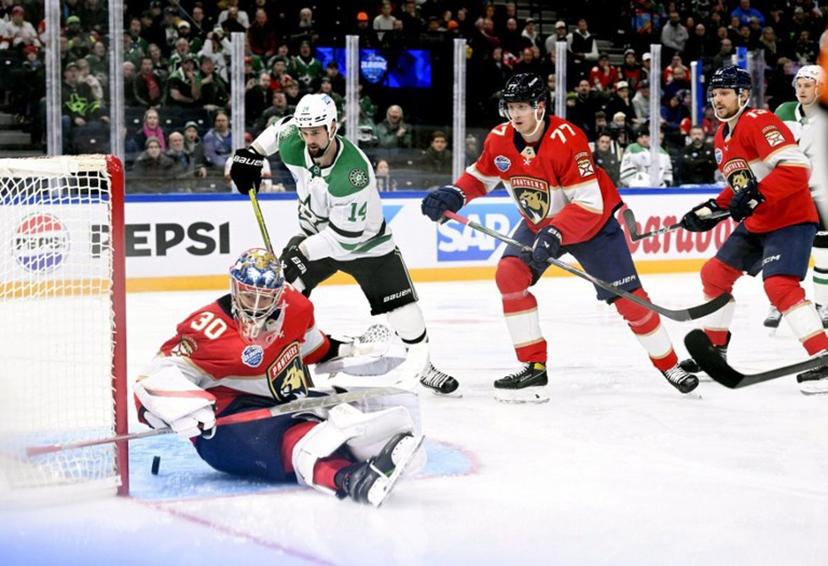 Spencer Knight, goalkeeper of Florida makes a save during the NHL Global Series Ice Hockey match Dallas Stars vs Florida Panthers  in Tampere, Finland on November 2, 2024. NHL teams Dallas Stars and Florida Panthers face each other in NHL Global Series matches in Tampere on November 1 and November 2, 2024. Heikki Saukkomaa / Lehtikuva / AFP