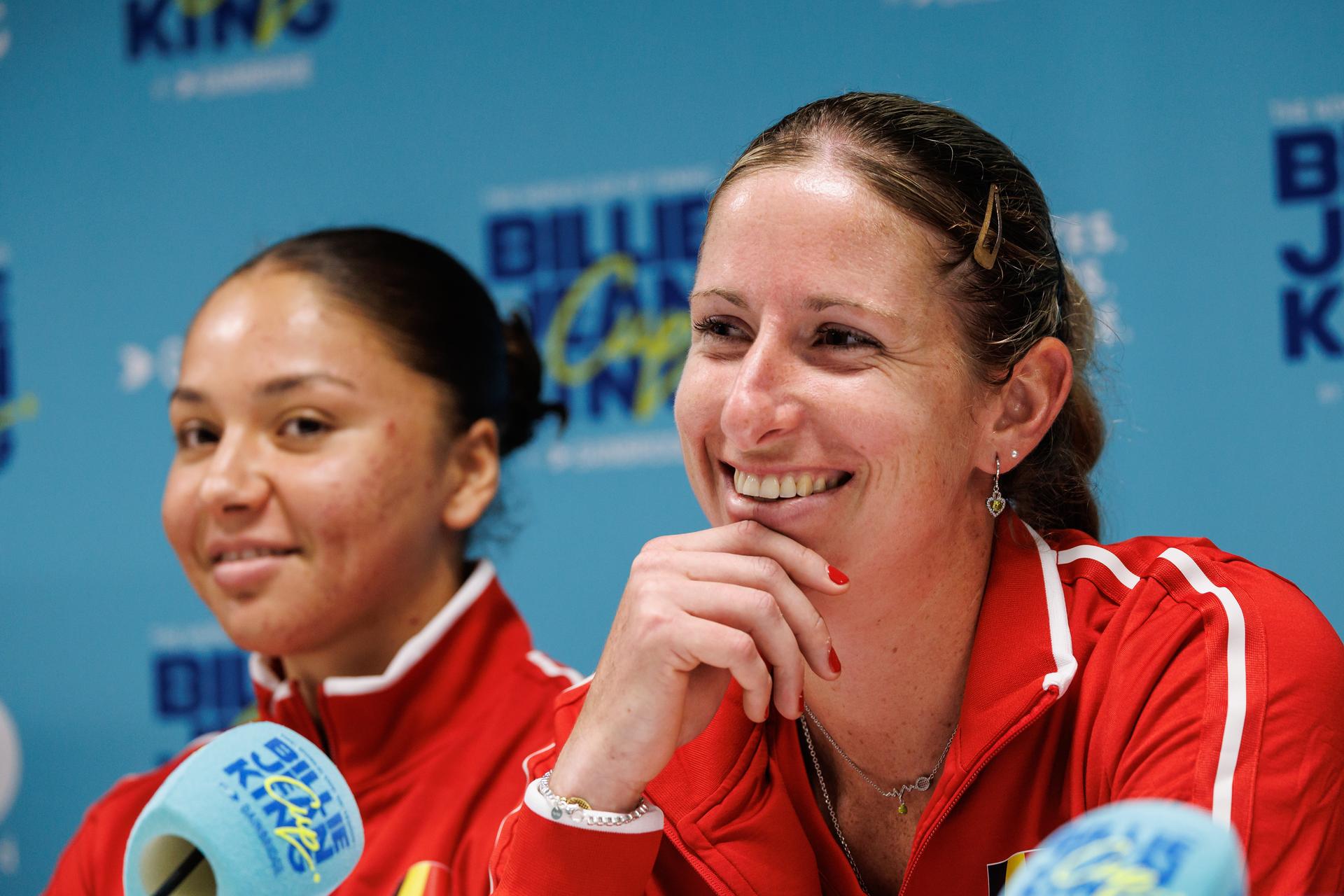 Belgian Sofia Costoulas and Belgian Magali Kempen pictured during a press conference of Belgian team ahead of the meeting between Belgium and USA, in the qualifiers of the Billie Jean King Cup tennis, in Oostende, Belgium, on Tuesday 07 April 2026. The game will be played on 10 and 11th April. PHOTO KURT DESPLENTER