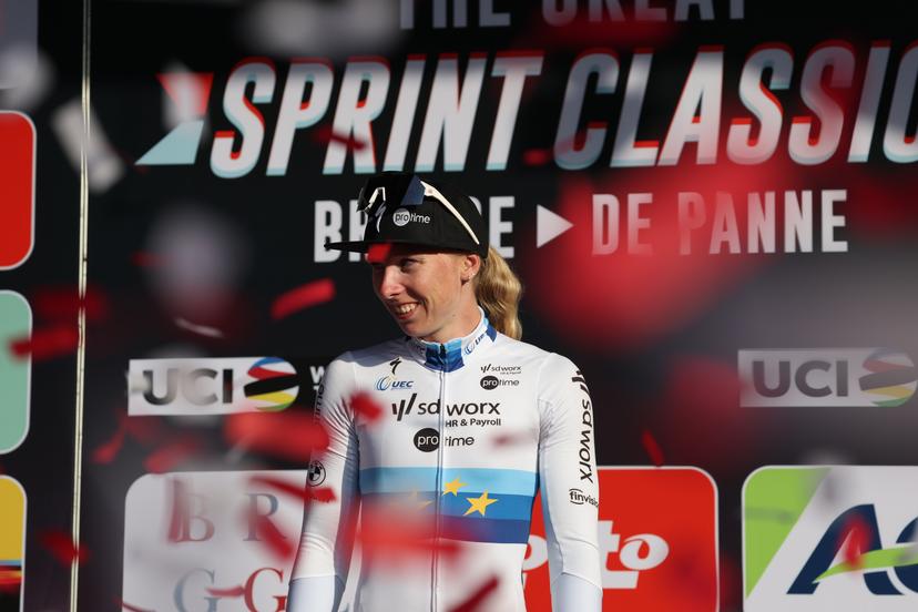 Dutch Lorena Wiebes of SD Worx-Protime celebrates on the podium after winning the 'Classic Brugge-De Panne' women's elite one-day cycling race, 152,7 km from Brugge to De Panne, Thursday 27 March 2025. BELGA PHOTO KURT DESPLENTER