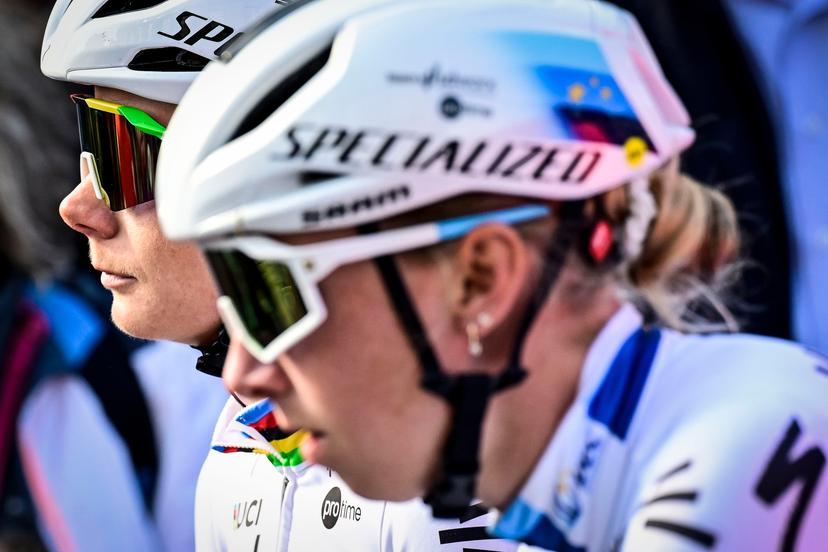Belgian Lotte Kopecky of SD Worx-Protime and Dutch Lorena Wiebes of SD Worx-Protime pictured at the start of the women elite 'Amstel Gold Race' one day cycling race, 157,4 km from Maastricht to Valkenburg, The Netherlands, Sunday 20 April 2025. BELGA PHOTO DIRK WAEM