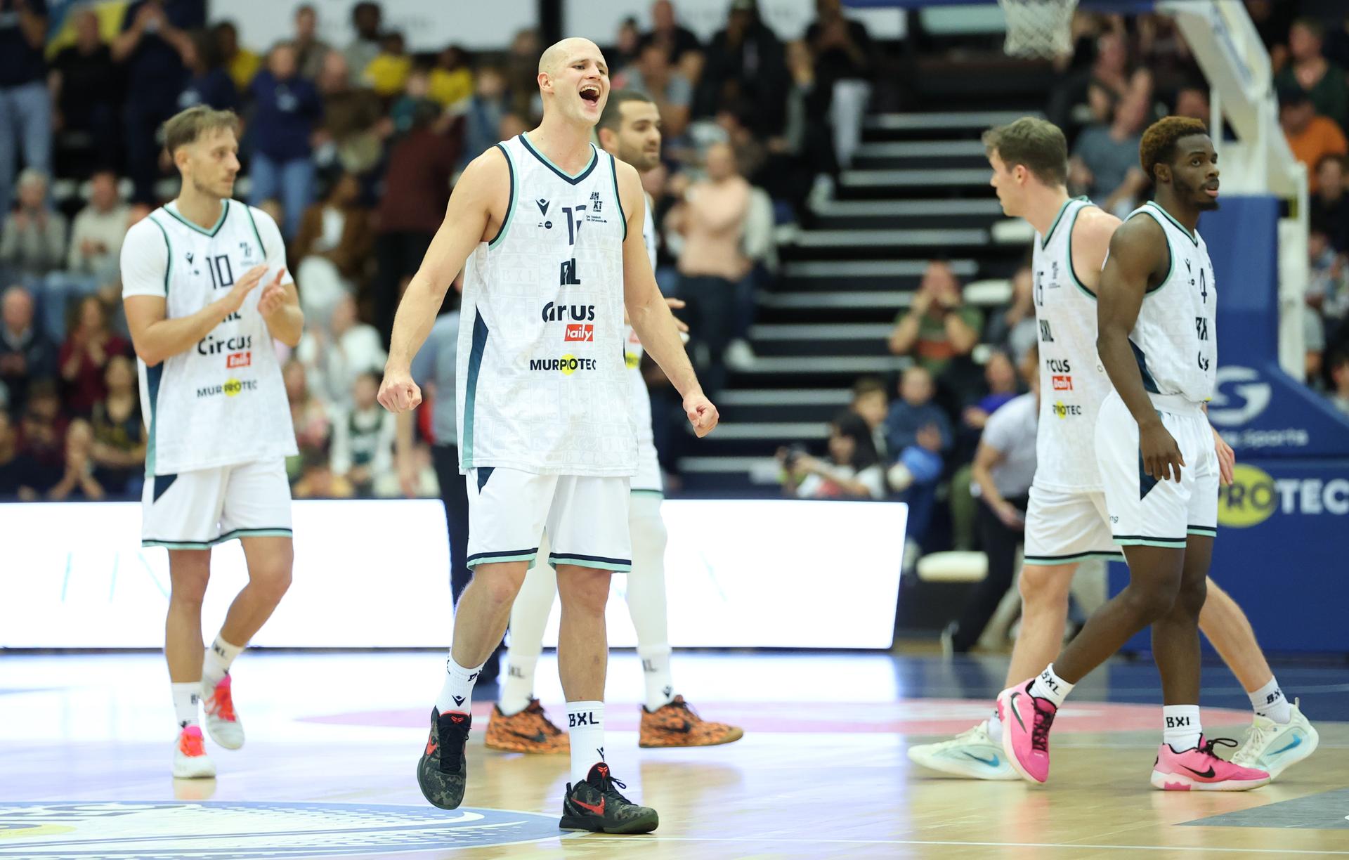 Brussels' Yannick Dammen celebrates after winning a basketball match between Brussels and Oostende, Friday 16 October 2026 in Brussels, on day 3 of the 'BNXT League' Belgian and Dutch first division basket championship. BELGA PHOTO VIRGINIE LEFOUR