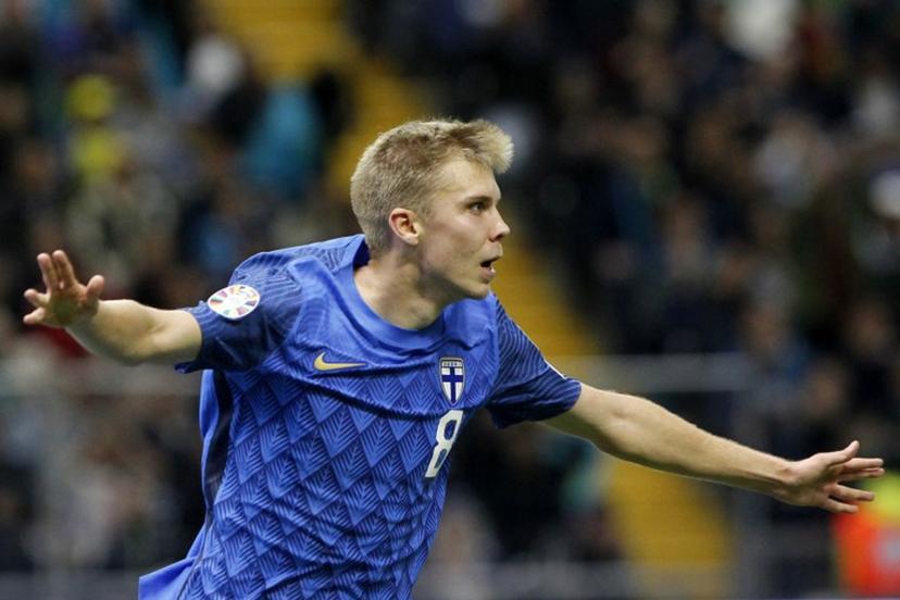 Finland's Oliver Antman celebrates scoring the opening goal during the UEFA Euro 2024 football tournament qualifying match between Kazakhstan and Finland in Astana on September 7, 2023.  STRINGER / AFP