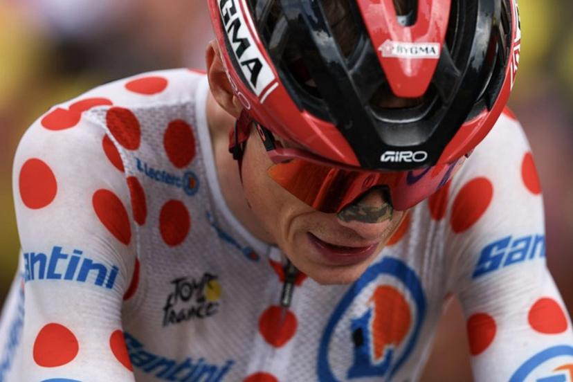 Team Visma | Lease a Bike's Danish rider Jonas Vingegaard wearing the climber's dotted "King of the Mountains" jersey cycles to the finish of the 14th stage of the 113th edition of the Tour de France cycling race, 155,3 km between Mulhouse and Le Markstein in the Vosges mountains, on July 18, 2026.  Anne-Christine POUJOULAT / AFP