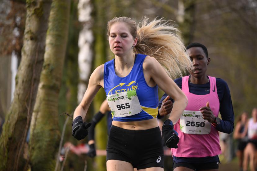 Belgian Roxane Cleppe and Charity Cherop pictured in action during the women's race at the CrossCup cross country running athletics event in Hannut on Sunday 26 January 2025, stage 4/5 of the CrossCup competition. BELGA PHOTO JOHN THYS