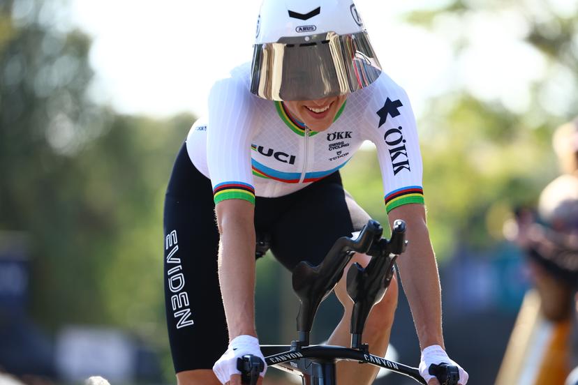 Swiss Marlen Reusser of Movistar Team and pictured as she crosses the finish line of the 24 km time trial of the Women Elite category at the UEC road European cycling championships, Wednesday 01 October 2025, in Loriol-sur-Drome, France. The European cycling championships Drome-Ardeche takes place from 1 to 5 October, France. BELGA PHOTO DAVID PINTENS