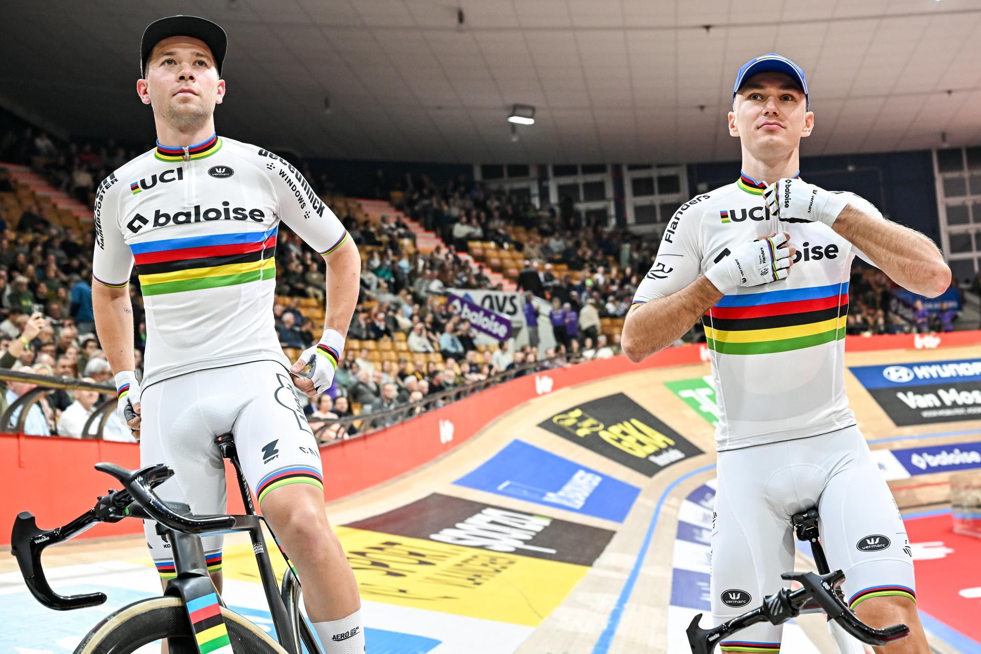 Belgian Fabio Van Den Bossche of Alpecin-Deceuninck and Belgian Lindsay De Vylder of Team Flanders Baloise pictured during the first day of the Zesdaagse Vlaanderen-Gent six-day indoor track cycling event at the indoor cycling arena 't Kuipke, Tuesday 18 November 2025, in Gent. BELGA PHOTO DAVID PINTENS