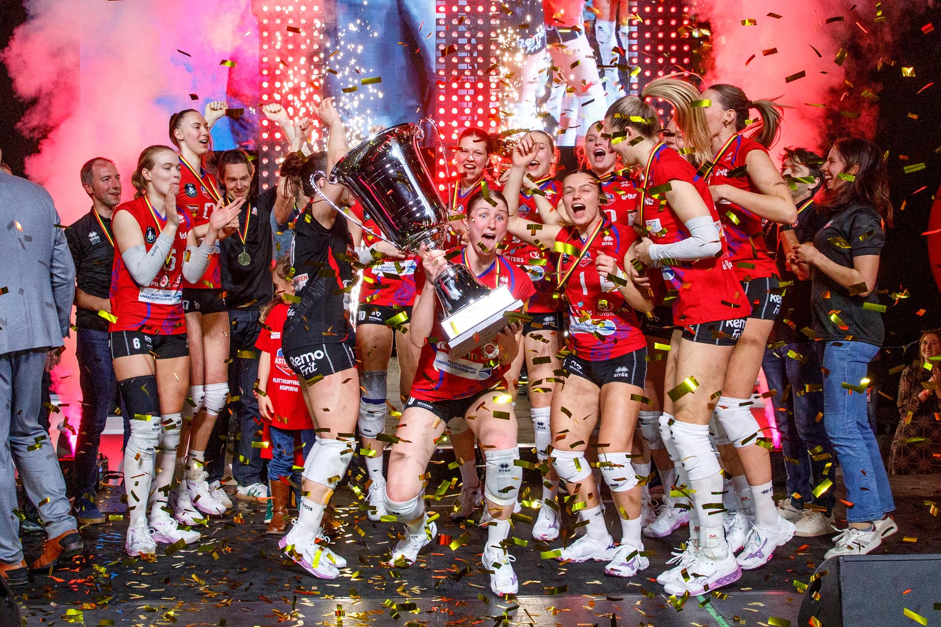 Asterix's players celebrate after winning the match between Asterix Avo Beveren and Gent, the final match in the women Belgian volleyball cup competition, Sunday 02 March 2025 in Merksem, Antwerp. BELGA PHOTO HATIM KAGHAT