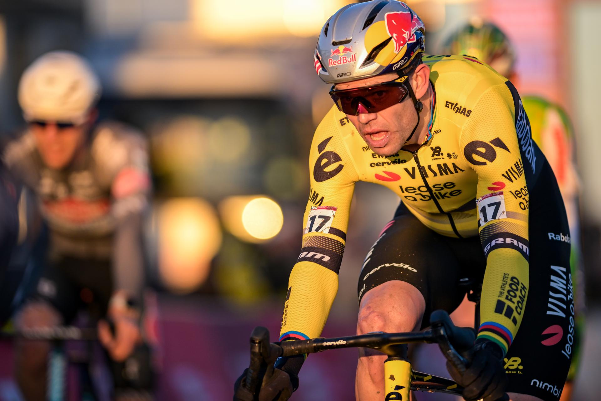 Belgian Wout van Aert crosses the finish line at the men's elite race at the World Cup cyclocross cycling event in Dendermonde, Belgium, stage 8 (out of 12) of the UCI World Cup cyclocross competition, Sunday 28 December 2025. BELGA PHOTO DAVID PINTENS