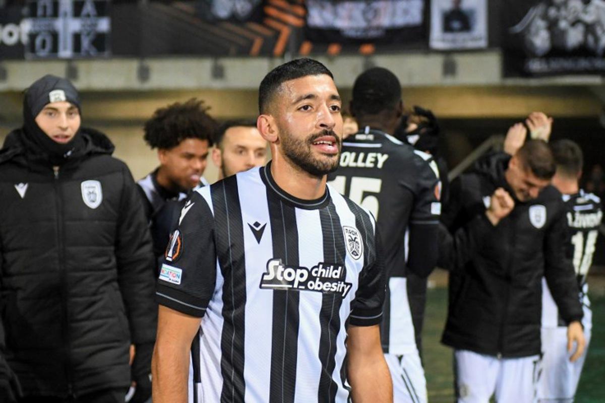 PAOK's Moroccan forward #34 Tarik Tissoudali reacts during the UEFA Europa League 1st round day 5 football match between FC RFS and PAOK Thessaloniki on November 28, 2024 in Riga, Latvia.  Gints IVUSKANS / AFP