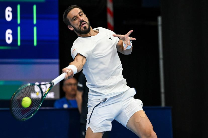 Damir Dzumhur of Bosnia and Herzegovina pictured in action during the European Open ATP tennis tournament in Brussels, on 21 October. This year's edition of the tournament is taking place from 17 to 25 October BELGA PHOTO DAVID PINTENS
