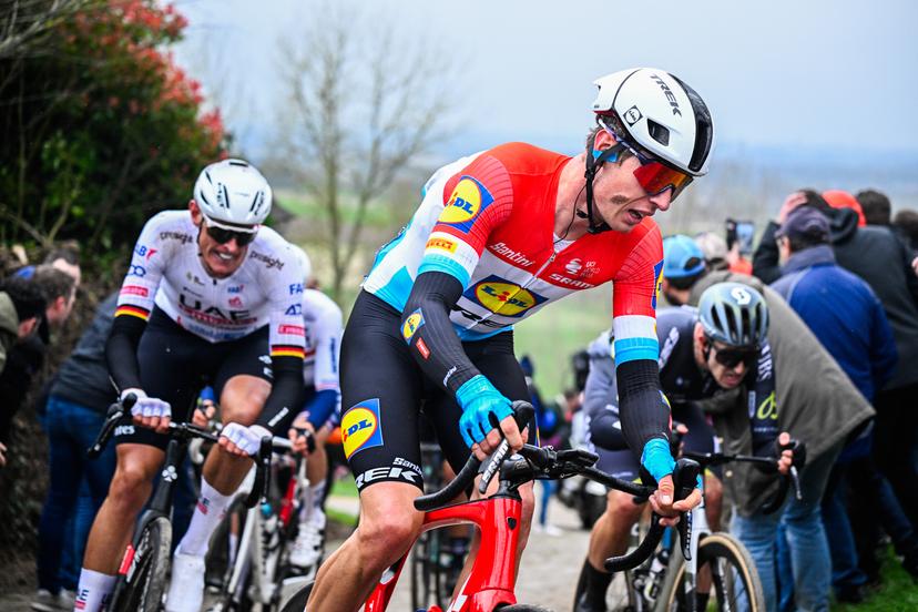 Luxembourgish Alex Kirsch of Lidl-Trek pictured in action during the 'E3 Saxo Bank Classic' one day cycling race, 207km from and to Harelbeke, Friday 22 March 2024. BELGA PHOTO JASPER JACOBS