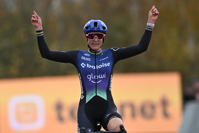 Dutch Lucinda Brand celebrates as she crosses the finish line to win the women's elite race at the 'Jaarmarktcross' cyclocross cycling event in Niel, race 3/8 of the Superprestige competition, on . BELGA PHOTO DAVID PINTENS