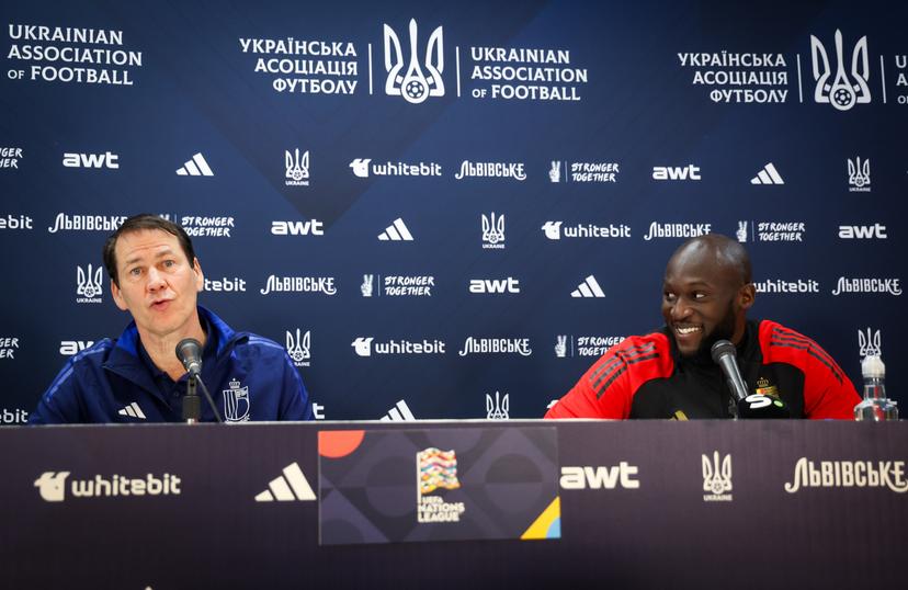 Belgium's head coach Rudi Garcia and Belgium's Romelu Lukaku pictured during a press conference of Belgian national soccer team the Red Devils, Wednesday 19 March 2025 in Murcia, Spain, ahead of tomorrow's game against Ukraine, in the Nations League group phase. BELGA PHOTO VIRGINIE LEFOUR