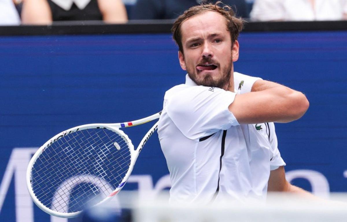 Russia's Daniil Medvedev hits a return to USA's Sebastian Gorzny during their men's singles second round tennis match on day four of the US Open tennis tournament at the USTA Billie Jean King National Tennis Center in New York on September 2, 2026.  KENA BETANCUR / AFP