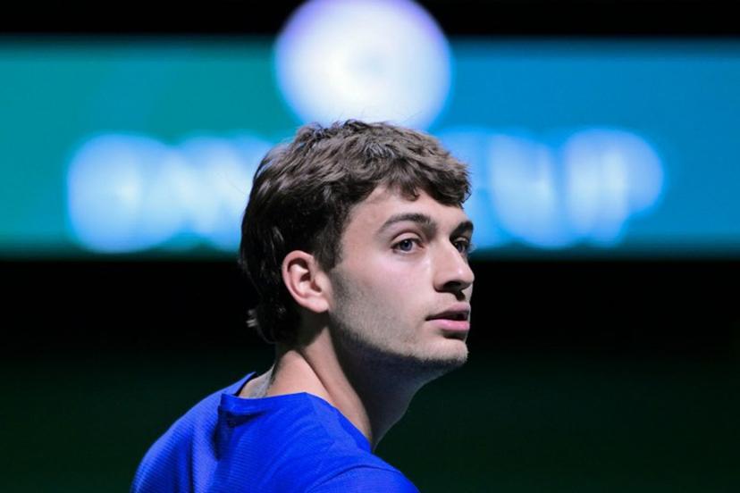 Italy's Flavio Cobolli reacts after winning against Austria's Filip Misolic during their Davis Cup men's singles quarter finals tennis match, at the Super Tennis Arena, in Bologna, northen Italy, on November 19, 2025.  Tiziana FABI / AFP