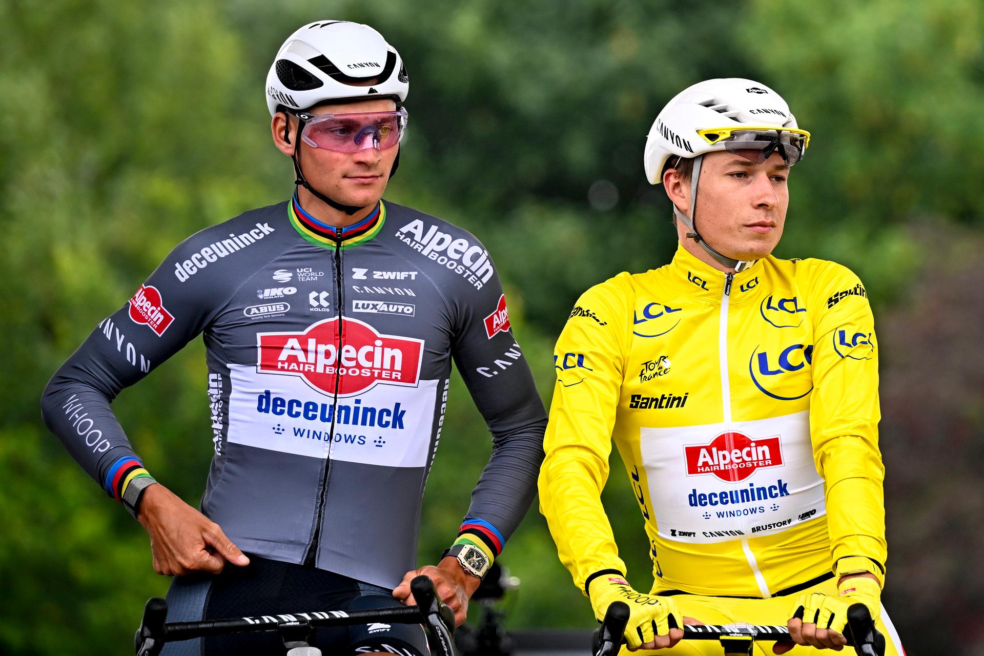 Dutch Mathieu van der Poel of Alpecin-Deceuninck and Belgian Jasper Philipsen of Alpecin-Deceuninck wearing the yellow jersey pictured at the start of the second stage of the 2025 Tour de France cycling race, from Lauwin-Planque to Boulogne-sur-Mer (212 km), on Sunday 06 July 2025 in France. The 112th edition of the Tour de France starts on Saturday 5 July in Lille, and will finish in Paris on the 27th of July. BELGA PHOTO JASPER JACOBS