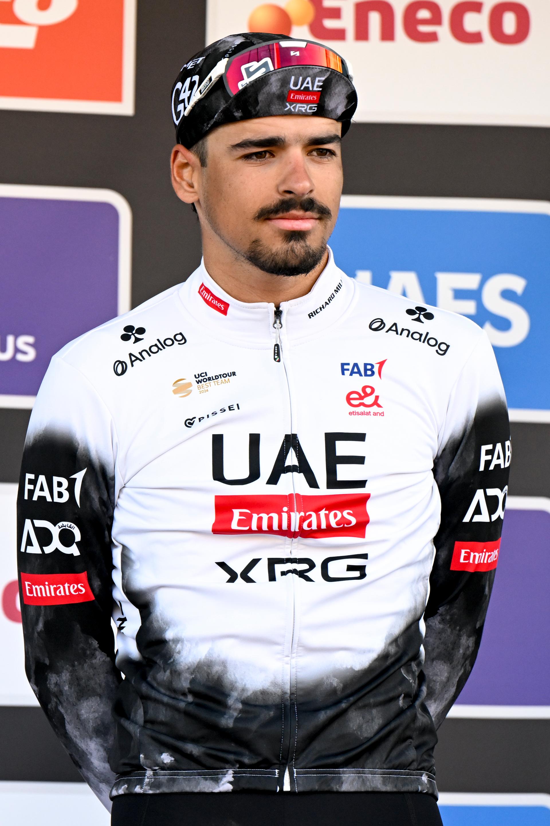 Portuguese Antonio Morgado of UAE Team Emirates pictured on the podium after the men's 'Brabantse Pijl' one day cycling race, 162,5km from Huizingen, Beersel to Overijse on Friday 18 April 2025. BELGA PHOTO TOM GOYVAERTS