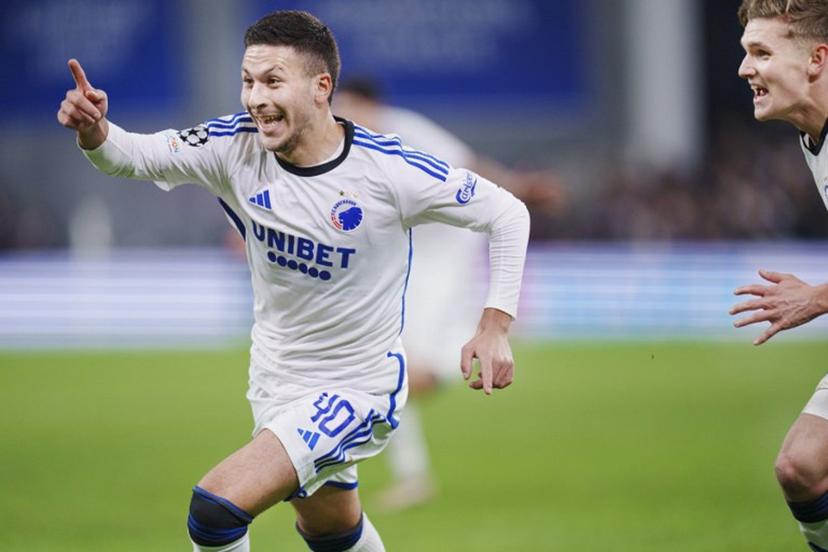 FC Copenhagen's Sweden's forward #40 Roony Bardghji (L) celebrates after scoring the 4-3 during the UEFA Champions League Group A football match between FC Copenhagen and Manchester United FC in Copenhagen, Denmark on November 8, 2023.  Liselotte Sabroe / Ritzau Scanpix / AFP