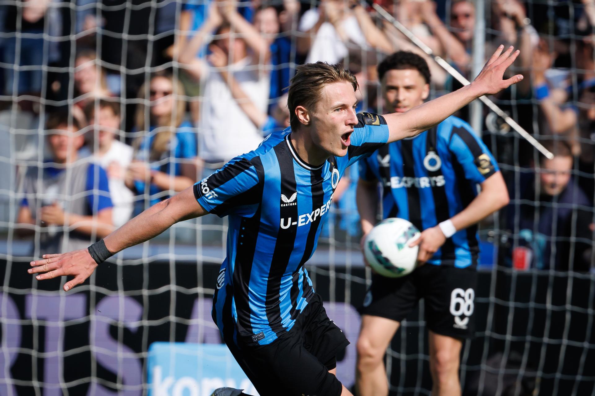 Club's Romeo Vermant celebrates after scoring during a soccer match between Club Brugge and KAA Gent, Thursday 01 May 2025 in Brugge, on day 7 (out of 10) of the Champions' Play-offs of the 2024-2025 'Jupiler Pro League' first division of the Belgian championship. BELGA PHOTO KURT DESPLENTER