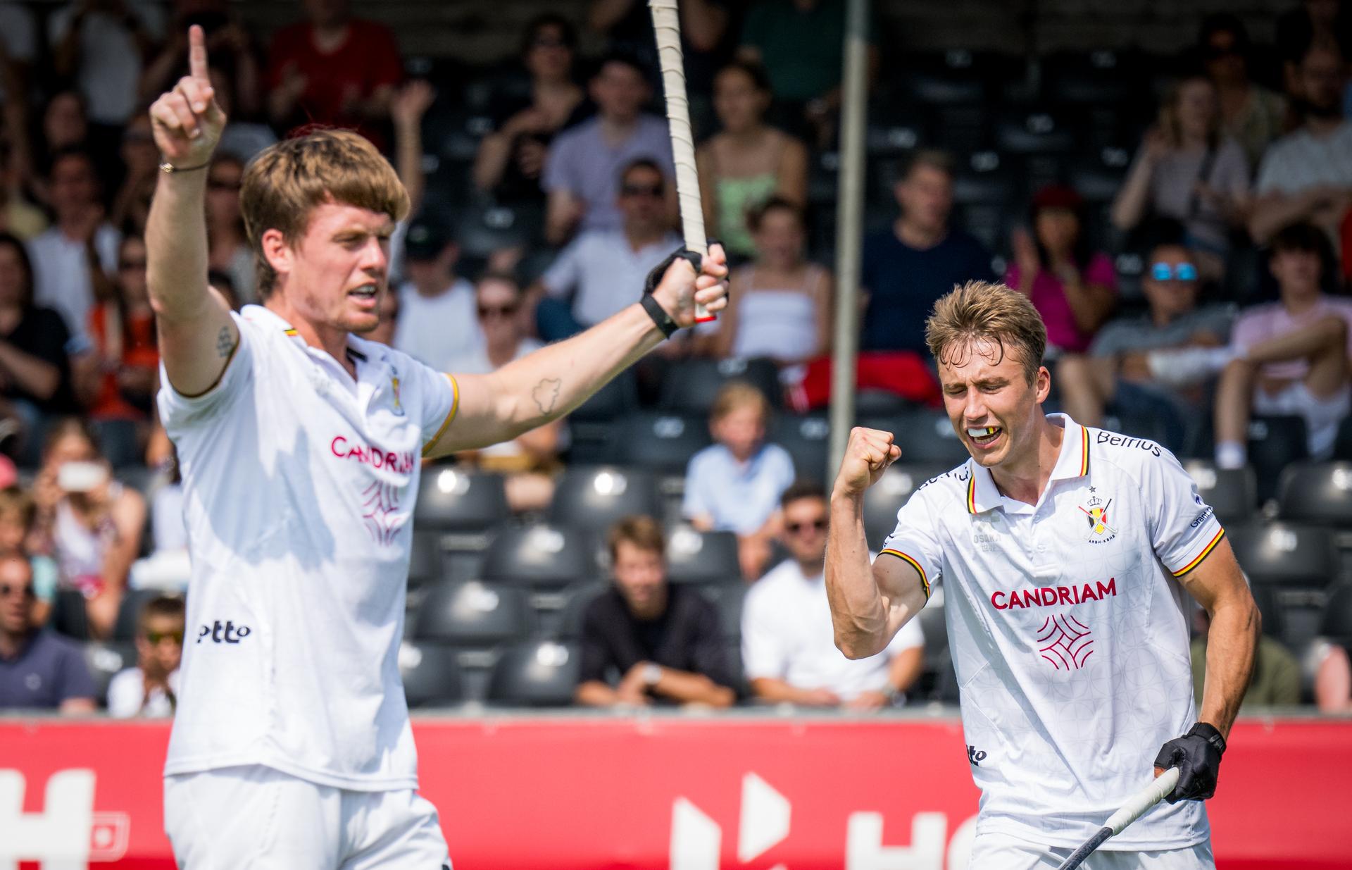 Belgium's Tom Boon and Belgium's Thomas Crols celebrate after scoring during a hockey game between Belgian national team Red Lions and Ireland, match 9/16 in the group stage of the 2025 Men's FIH Pro League, Saturday 14 June 2025, in Antwerp. BELGA PHOTO JASPER JACOBS