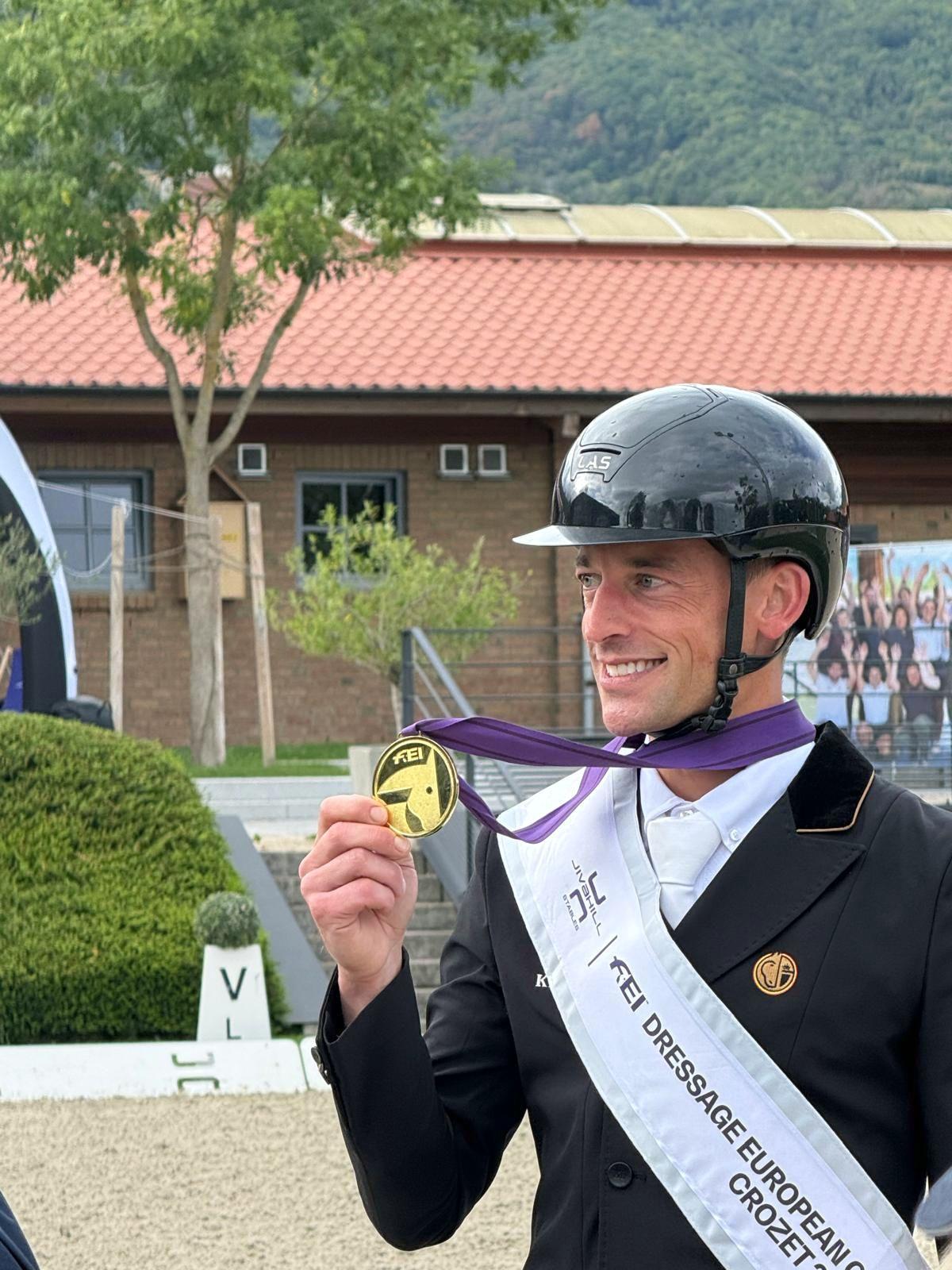 ATTENTION EDITORS - HAND OUT PICTURES - EDITORIAL USE ONLY - MANDATORY CREDIT 'WENDY LAEREMANS'  This handout picture, distributed by Wendy Laeremans, shows Justin Verboomen, who won a Gold medal with Zonik Plus in the Grand Prix Special at the European Championship in Crozet, on Friday 29 August 2025. Verboomen and Zonik won with a score of 82.371% ahead of Denmark's Cathrine Laudrup-Dufour and Isabell Werth. BELGA PHOTO WENDY LAEREMANS  *** Belga and Belga Editorial Board decline all responsibility regarding the content of this picture. ***