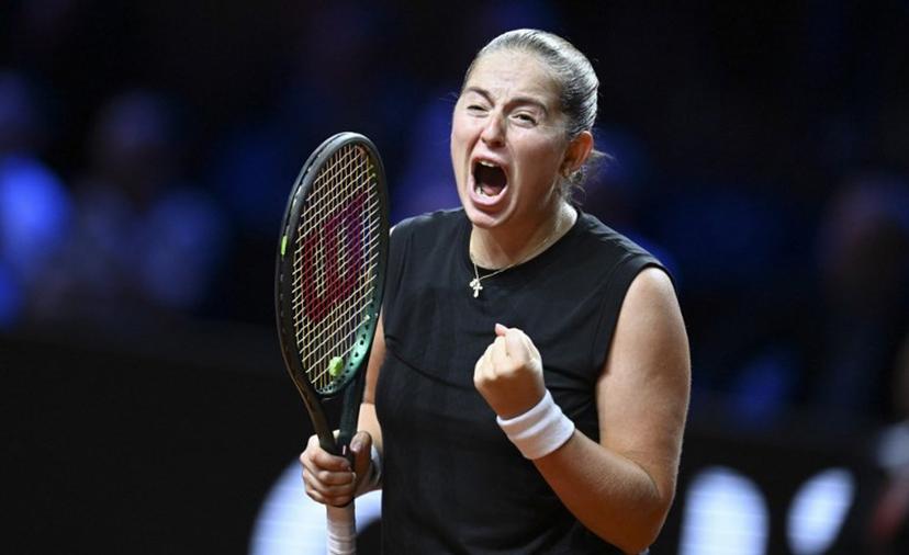 Latvia's Jelena Ostapenko reacts after winning the semi-final match against Russia's Ekaterina Alexandrova (unseen) at the Women's Tennis Grand Prix WTA tournament in Stuttgart, southwestern Germany, on April 20, 2025.  THOMAS KIENZLE / AFP