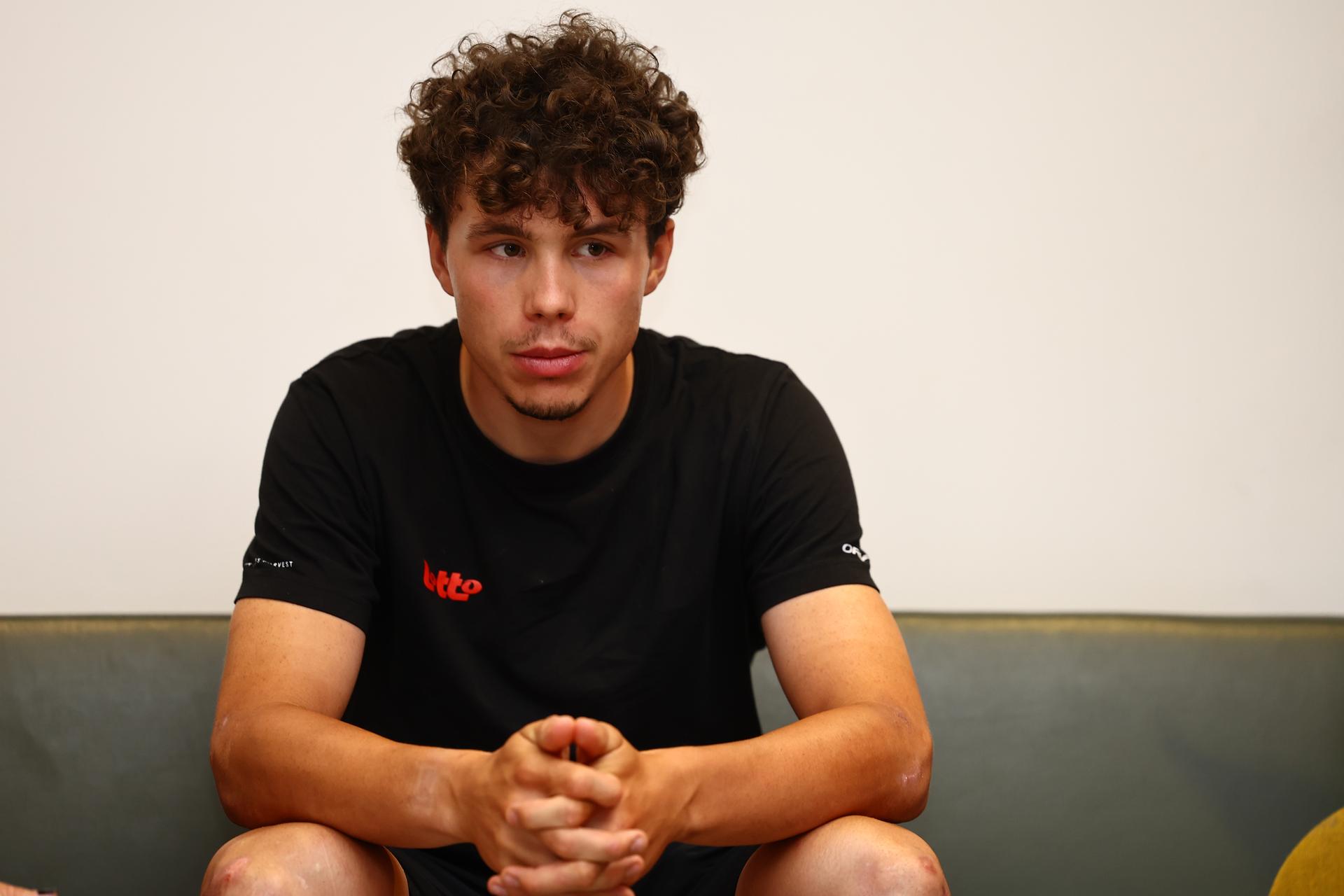 Belgian Arnaud De Lie of Lotto Cycling Team and pictured during a press conference ahead of the 2025 Tour de France cycling race, Wednesday 02 July 2025, in Englos, France. The 112th edition of the Tour de France starts on Saturday 5 July in Lille, France, and will finish in Paris, France on the 27th of July.  BELGA PHOTO DAVID PINTENS