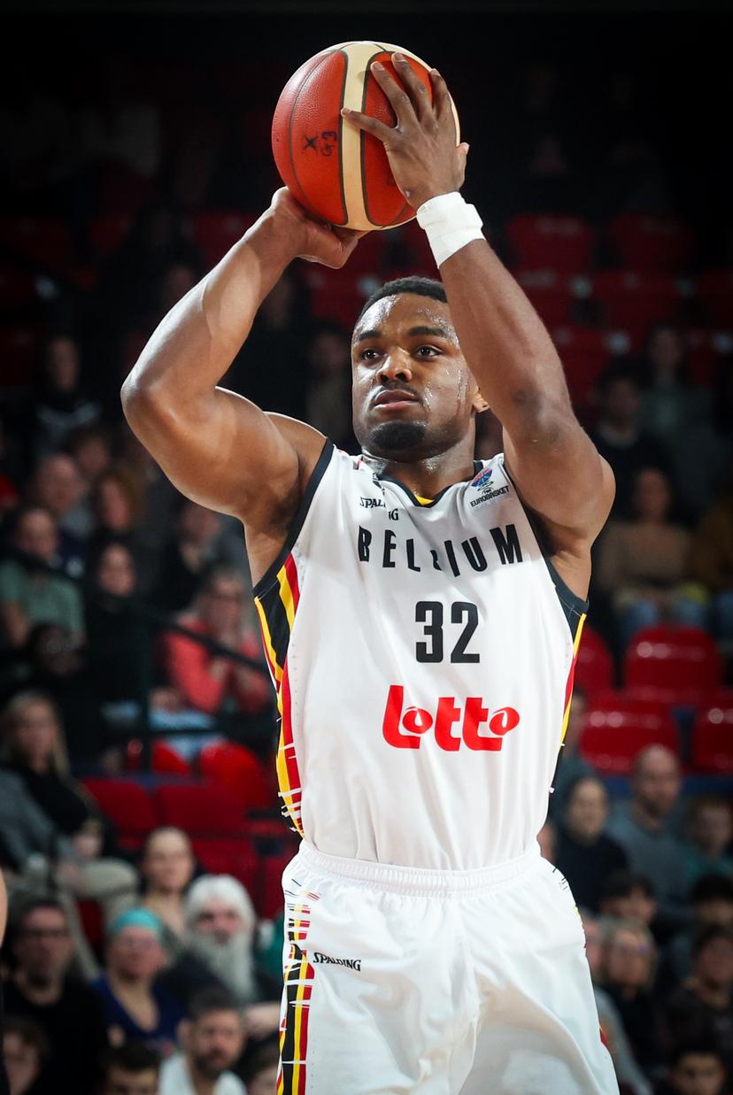 Belgium's Retin Obasohan pictured in action during a basketball match between Belgium's national team Belgian Lions and Slovakia, Thursday 20 February 2025 in Charleroi, game 5/6 in the group stage of the qualifications for the Eurobasket 2025 European championships. BELGA PHOTO VIRGINIE LEFOUR
