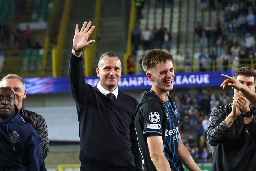 Club's head coach Nicky Hayen and Club's Jorne Spileers celebrate after a soccer game between Belgian Club Brugge KV and Scottish Glasgow Rangers F.C., Wednesday 27 August 2025 in Brugge, the return leg of the play-offs for the Champions League tournament. Club won the first leg 1-3. BELGA PHOTO BRUNO FAHY
