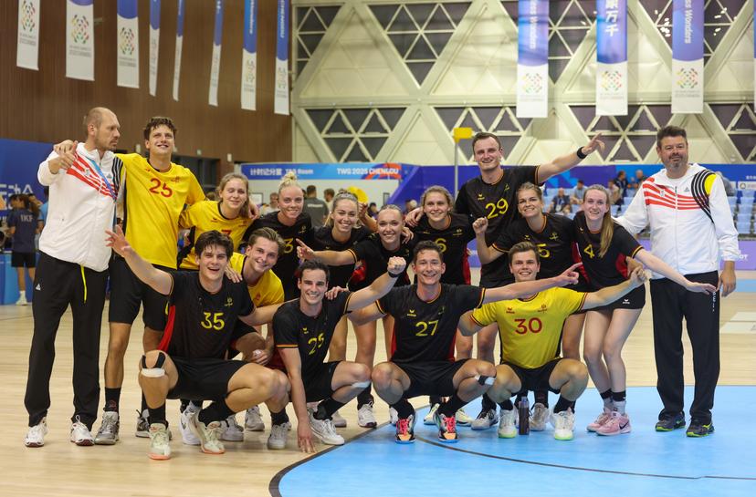 Belgian team celebrate after winning a game against Germany in the mixed team preliminary round of the Korfball competition of the World Games 2025, in Chenghdu, China, on Saturday 09 August 2025. This year, the World Games take place from 07 to 17 augustus. BELGA PHOTO VIRGINIE LEFOUR