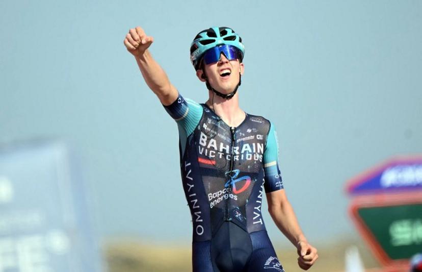 Team Bahrain's Slovenian rider Jakob Omrzel celebrates winning the 12th stage of the Vuelta a Espana 2026 cycling tour, a 166,6 km race between Vera and Calar Alto, on September 3, 2026.   JOSE JORDAN / AFP