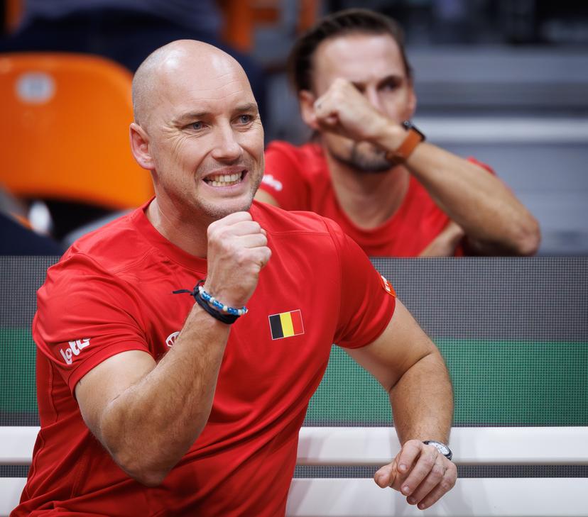 Belgian captain Steve Darcis and Belgian assistant coach Ruben Bemelmans react during a tennis match between Bulgarian Radulov and Belgian Blockx, during the qualifier of the Davis Cup on Saturday 07 February 2026, in Plovdiv, Bulgaria. Belgium will compete this weekend in the Davis Cup qualifiers against Bulgaria. BELGA PHOTO BENOIT DOPPAGNE