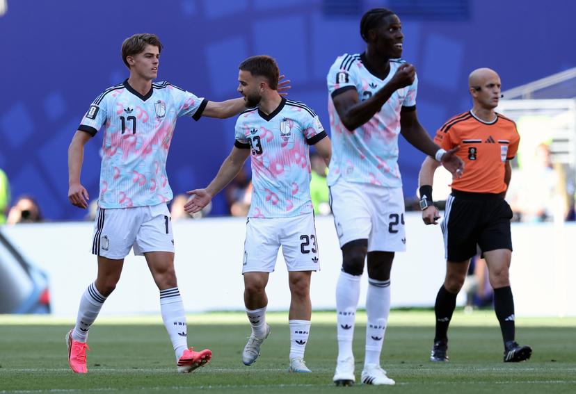 Belgium's Charles De Ketelaere, Belgium's Nicolas Raskin and Belgium's Amadou Onana celebrate after scoring during a soccer game between the USA and Belgian national team Red Devils, on Monday 06 July 2026, at the Seattle Field, in Seattle, a 1/8 finals game in the FIFA World Cup 2026. BELGA PHOTO BRUNO FAHY