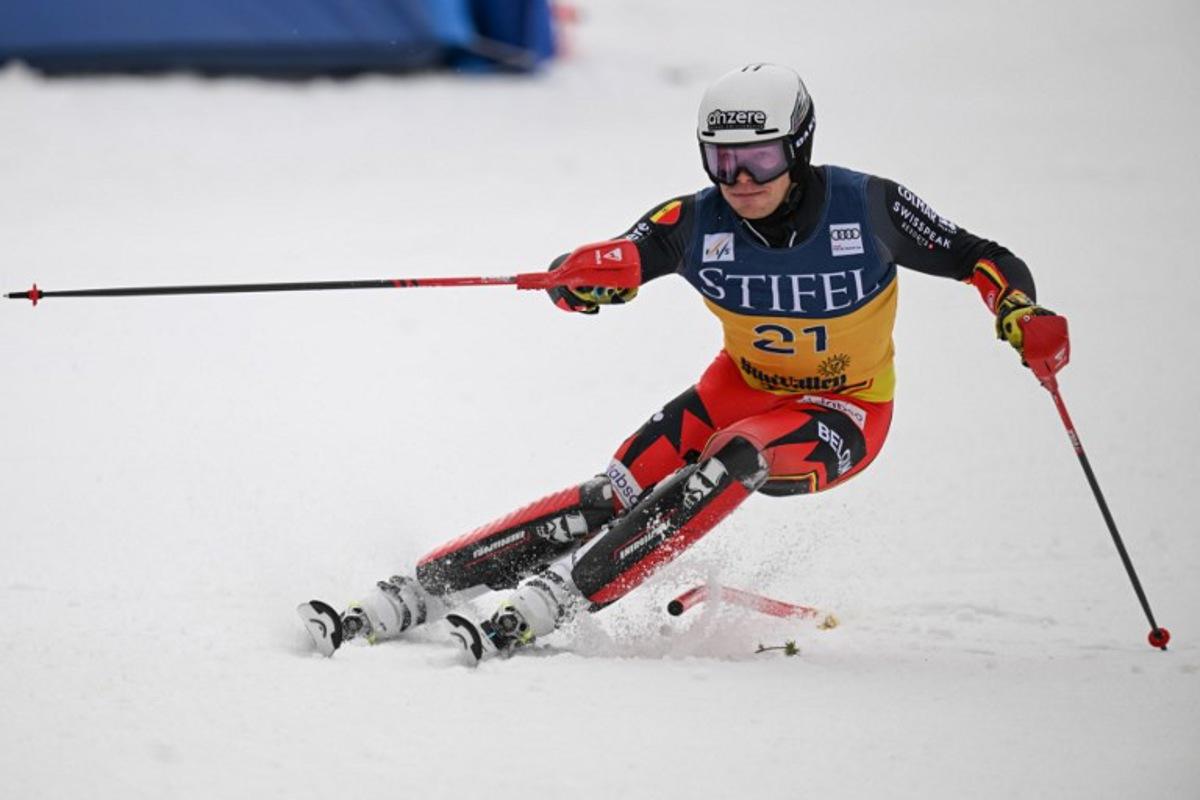 Belgium's Armand Marchant competes in the men's Slalom event during the 2025 FIS Alpine World Cup Finals at Sun Valley Resort in Sun Valley, Idaho, on March 27, 2025.  Patrick T. Fallon / AFP