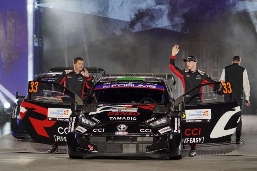 Elfyn Evans of Great Britain and his co-driver Scott Martin of Great Britain of team Toyota Gazoo Racing WRT attend the opening ceremony of the World Rally Championship (WRC) Rally Islas Canarias in Las Palmas in Spain's Canary Islands, on April 24, 2025.  Manaure QUINTERO / AFP