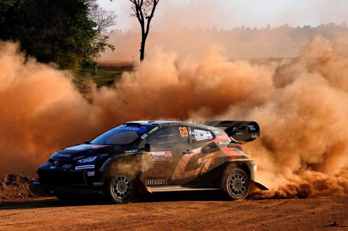 Finnish driver Kalle Rovanpera and co-driver Jonne Halttunen compete in their Toyota GR Yaris Rally during the Autodromo stage of the WRC Rally Paraguay, the 10th round of the FIA World Rally Championship (WRC), in Capitan Miranda near Encarnacion, Paraguay, on August 29, 2025.  Luis ROBAYO / AFP
