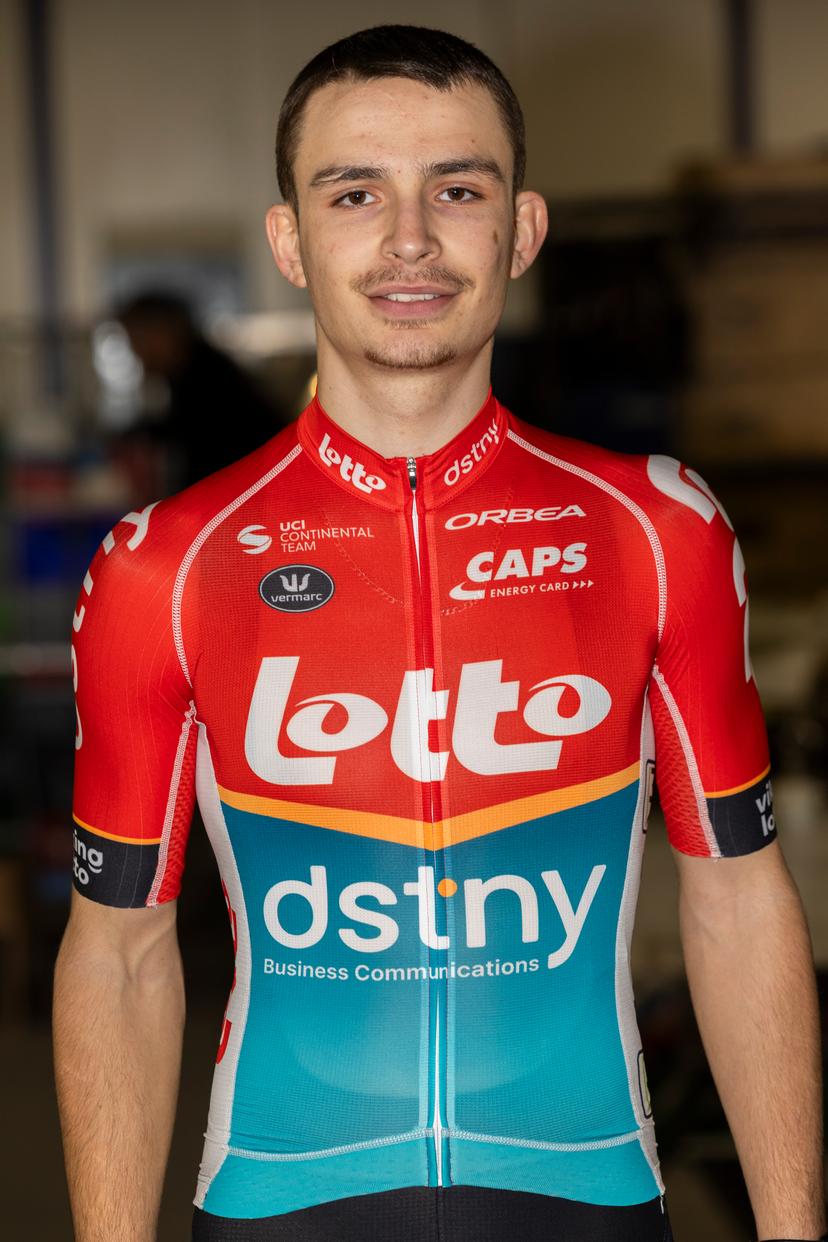 French Matys Grisel pictured during the team presentation of Lotto Dstny cycling team in Mechelen, Friday 05 January 2024, ahead of the upcoming season. BELGA PHOTO DAVID PINTENS