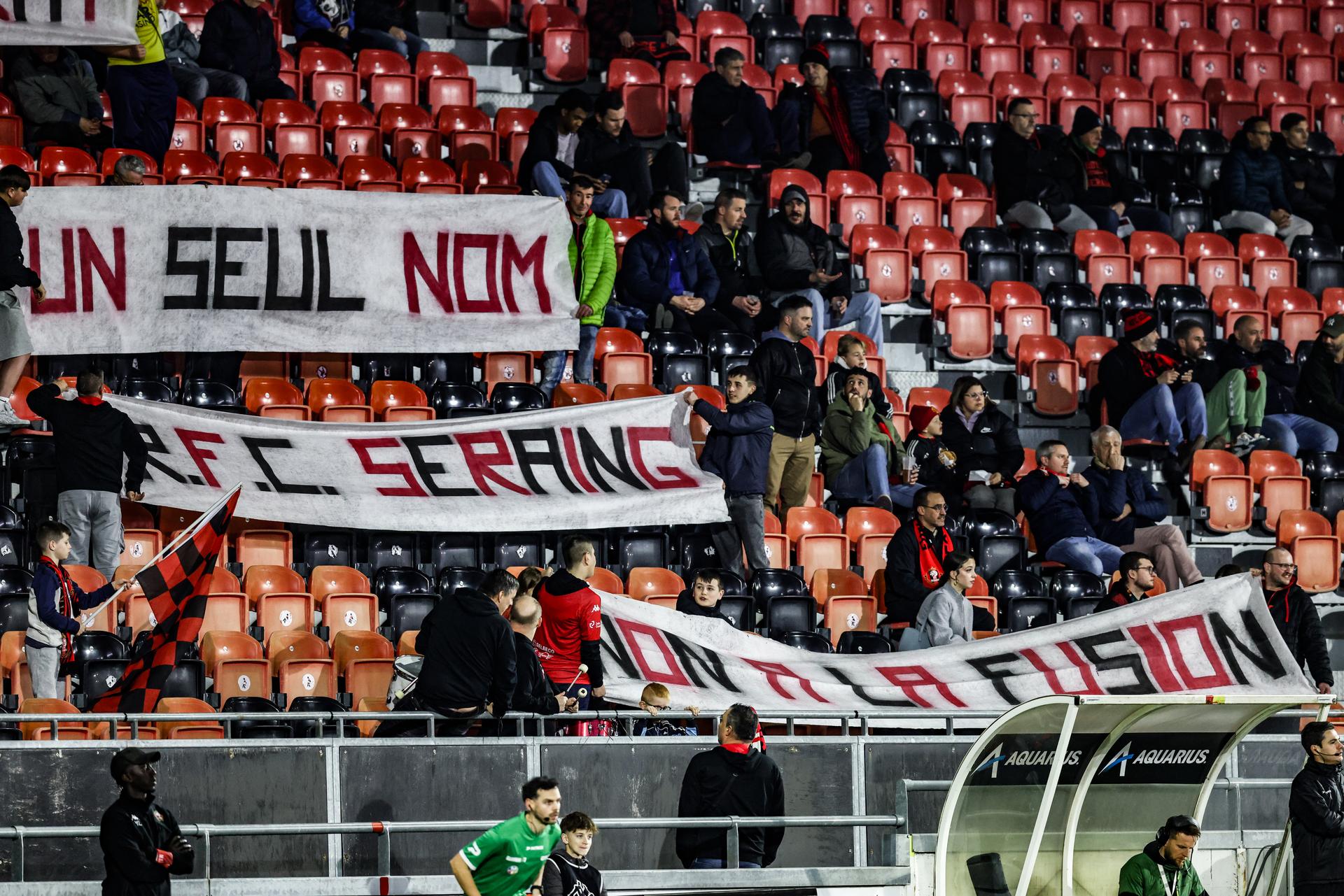Seraing's supporters pictured during a soccer match between RFC Seraing and Club NXT, Friday 07 March 2025 in Seraing, on day 25 of the 2024-2025 'Challenger Pro League' second division of the Belgian championship. BELGA PHOTO BRUNO FAHY
