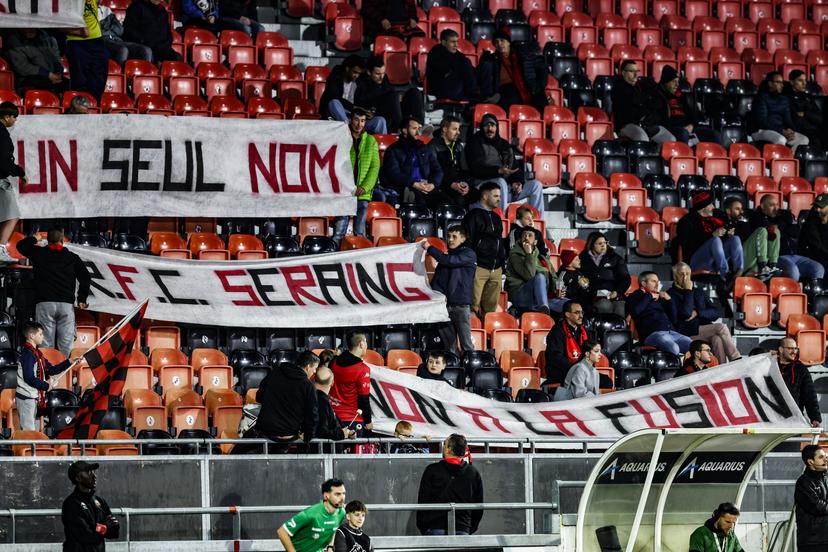 Seraing's supporters pictured during a soccer match between RFC Seraing and Club NXT, Friday 07 March 2025 in Seraing, on day 25 of the 2024-2025 'Challenger Pro League' second division of the Belgian championship. BELGA PHOTO BRUNO FAHY