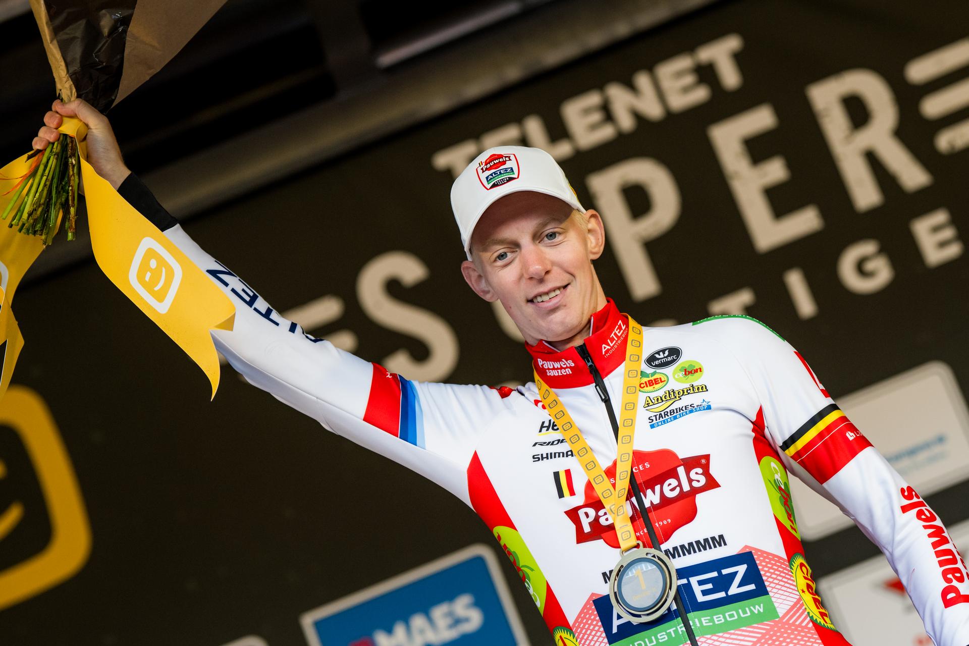 Belgian Michael Vanthourenhout pictured on the podium after the men's elite race of the Superprestige race of Overijse, stage 2 (out of 8) in the Superprestige cyclocross competition, in Overijse, Sunday 26 October 2025. BELGA PHOTO JASPER JACOBS