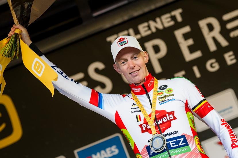Belgian Michael Vanthourenhout pictured on the podium after the men's elite race of the Superprestige race of Overijse, stage 2 (out of 8) in the Superprestige cyclocross competition, in Overijse, Sunday 26 October 2025. BELGA PHOTO JASPER JACOBS