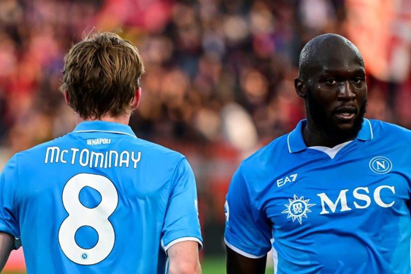 Napoli's Scottish midfielder #8 Scott McTominay (L) celebrates with Napoli's Belgian forward #11 Romelu Lukaku after scoring his team first goal during the Italian Serie A football match between AC Monza and Napoli SSC at the Brianteo Stadium in Monza, northern Italy, on April 19, 2025.  Piero CRUCIATTI / AFP