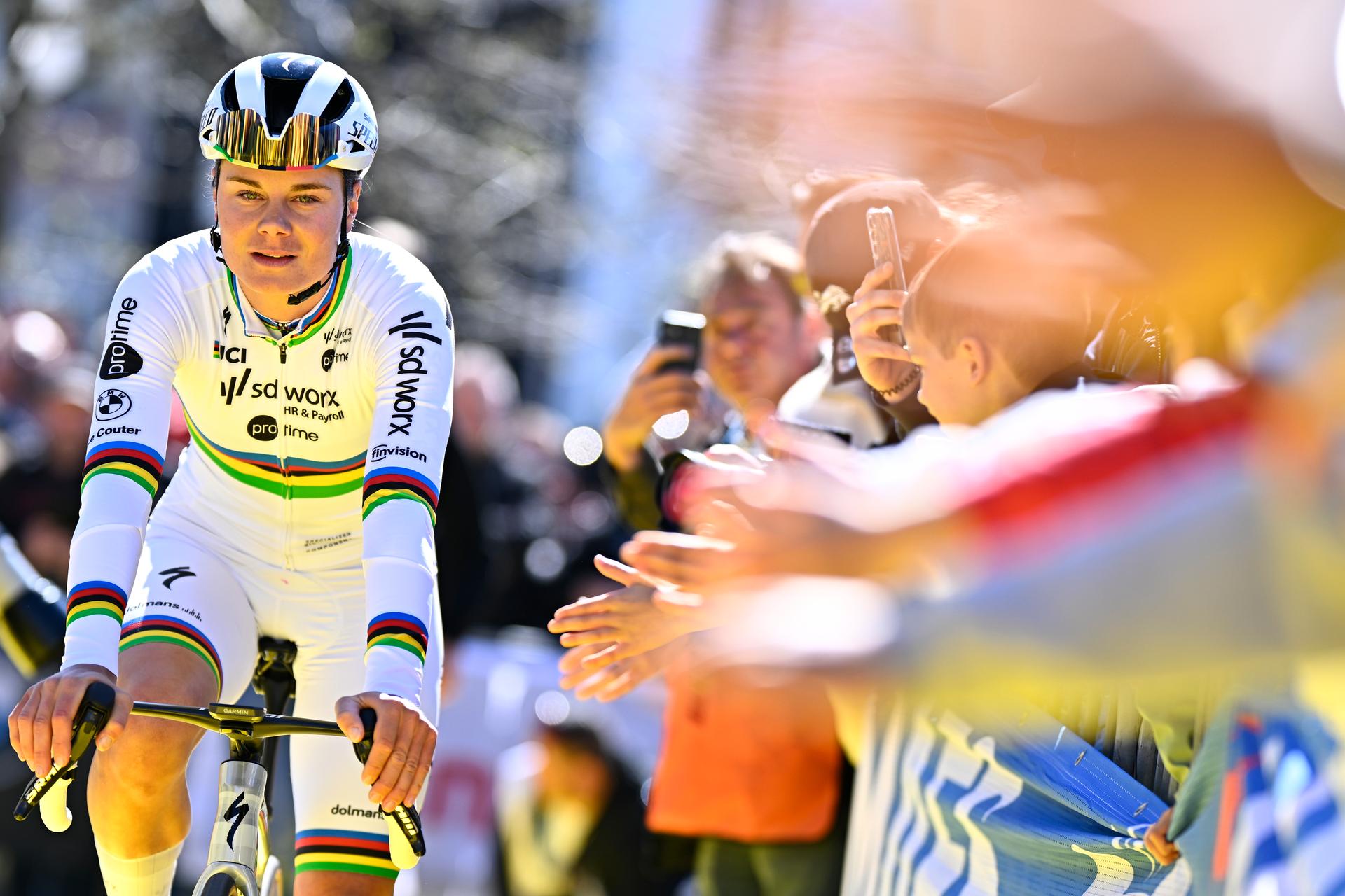 Belgian Lotte Kopecky of SD Worx-Protime pictured at the start of the women's race of the 'Ronde van Vlaanderen/ Tour des Flandres/ Tour of Flanders' one day cycling race, 168,8km with start and finish in Oudenaarde, Sunday 06 April 2025. BELGA PHOTO JASPER JACOBS