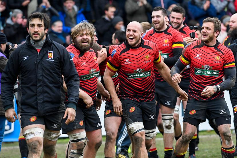 Belgian players celebrate after winning the game between the Black Devils, Belgian national rugby team, and Spain at the European International Championship Men, in Brussels, Sunday 18 March 2018. BELGA PHOTO LAURIE DIEFFEMBACQ