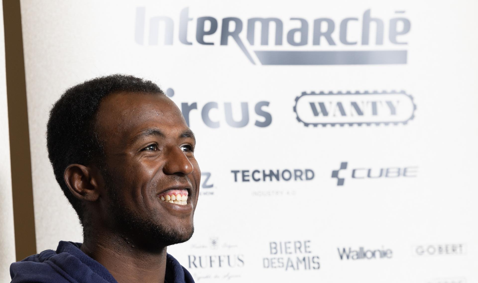 Eritrean Biniam Girmay Hailu pictured during a press conference of the Intermarche-Wanty-Circus cycling team in Gent, ahead of the Flemish spring time classic cycling races, Tuesday 21 March 2023. BELGA PHOTO BENOIT DOPPAGNE