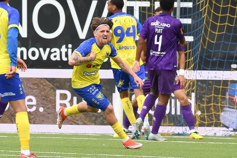 STVV's Adriano Bertaccini celebrates after scoring during a soccer match between Sint-Truidense VV and K. Beerschot V.A., Sunday 04 May 2025 in Sint-Truiden, on day 5 (out of 6) of the Relegation Play-offs of the 2024-2025 'Jupiler Pro League' first division of the Belgian championship. BELGA PHOTO JILL DELSAUX