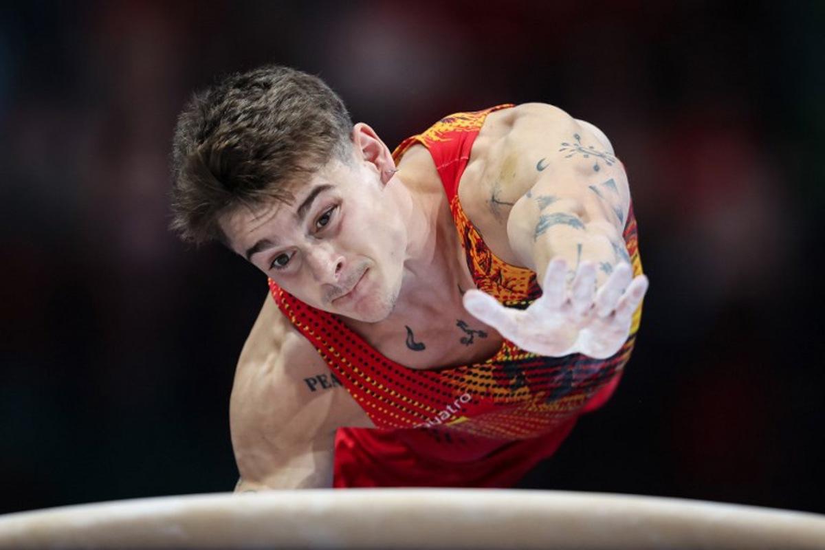 Belgium's Victor Martinez competes on the vault during the Men's all around final of the Men's and Women's Artistic Gymnastics European Championships in Leipzig, eastern Germany on May 29, 2025.  Ronny HARTMANN / afp