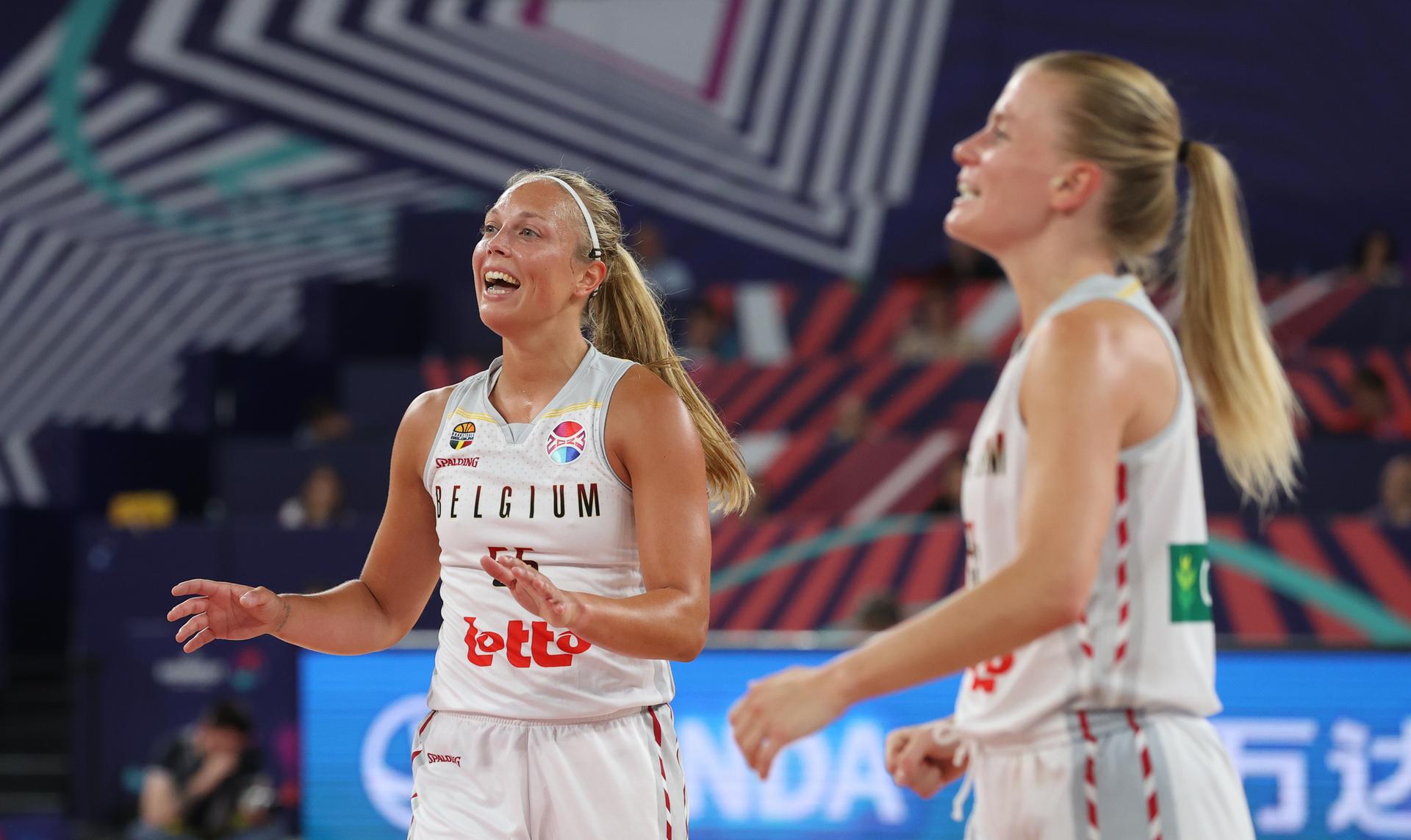 Belgium's Julie Allemand and Belgium's Julie Vanloo pictured during a basketball game between Belgian national women's team 'the Belgian Cats' and Serbia in Ljubljana, Slovenia on Thursday 22 June 2023, the quarterfinals of the FIBA Women EuroBasket 2023 European Championships in Israel and Slovenia. BELGA PHOTO VIRGINIE LEFOUR
