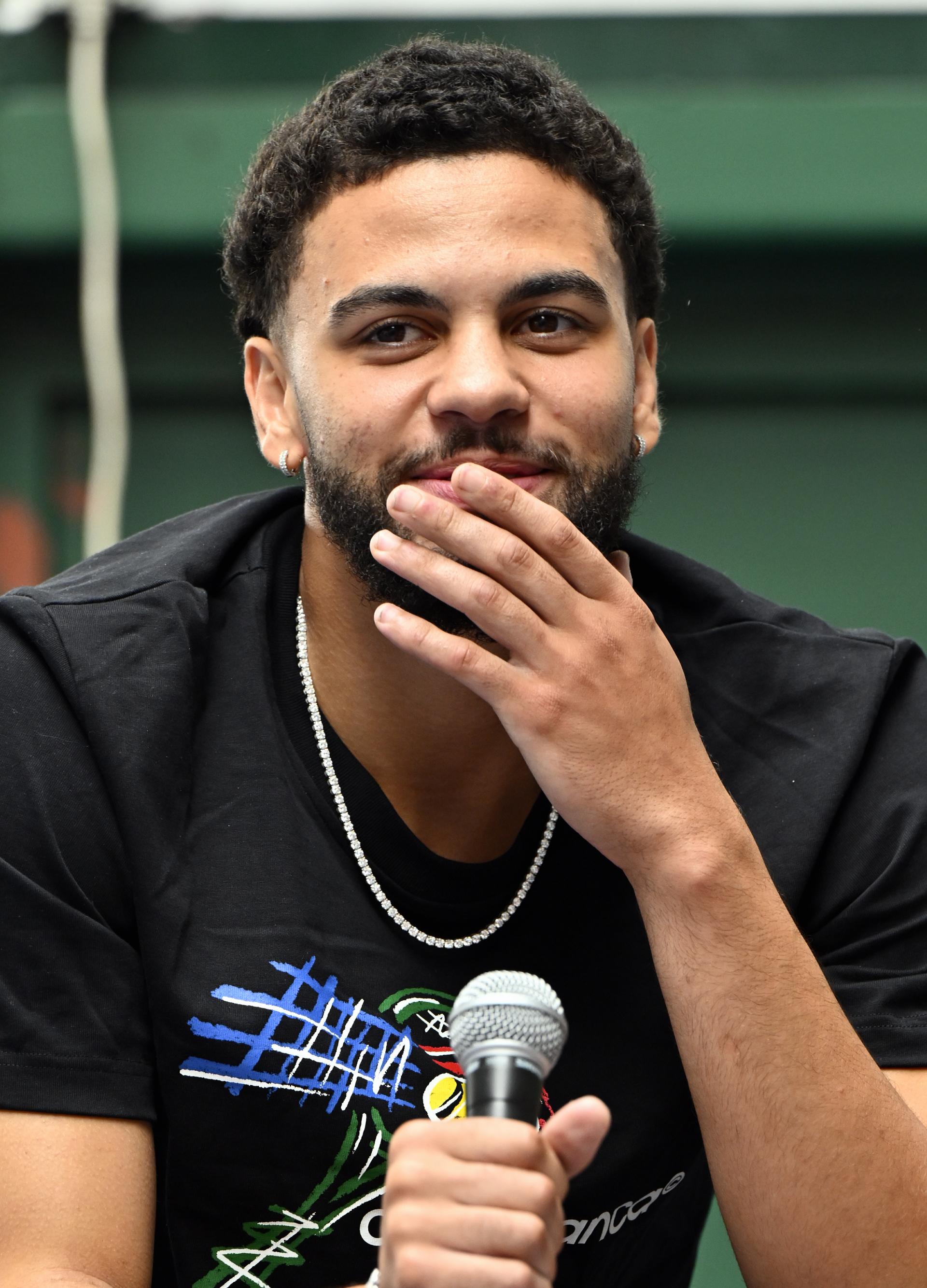 Ajay Mitchell pictured during a press conference regarding the NBA US basketball competition on Wednesday 30 July 2025 in Ans. Oklahoma City Thunder, featuring Belgian point guard Mitchell, won the league. BELGA PHOTO ERIC LALMAND